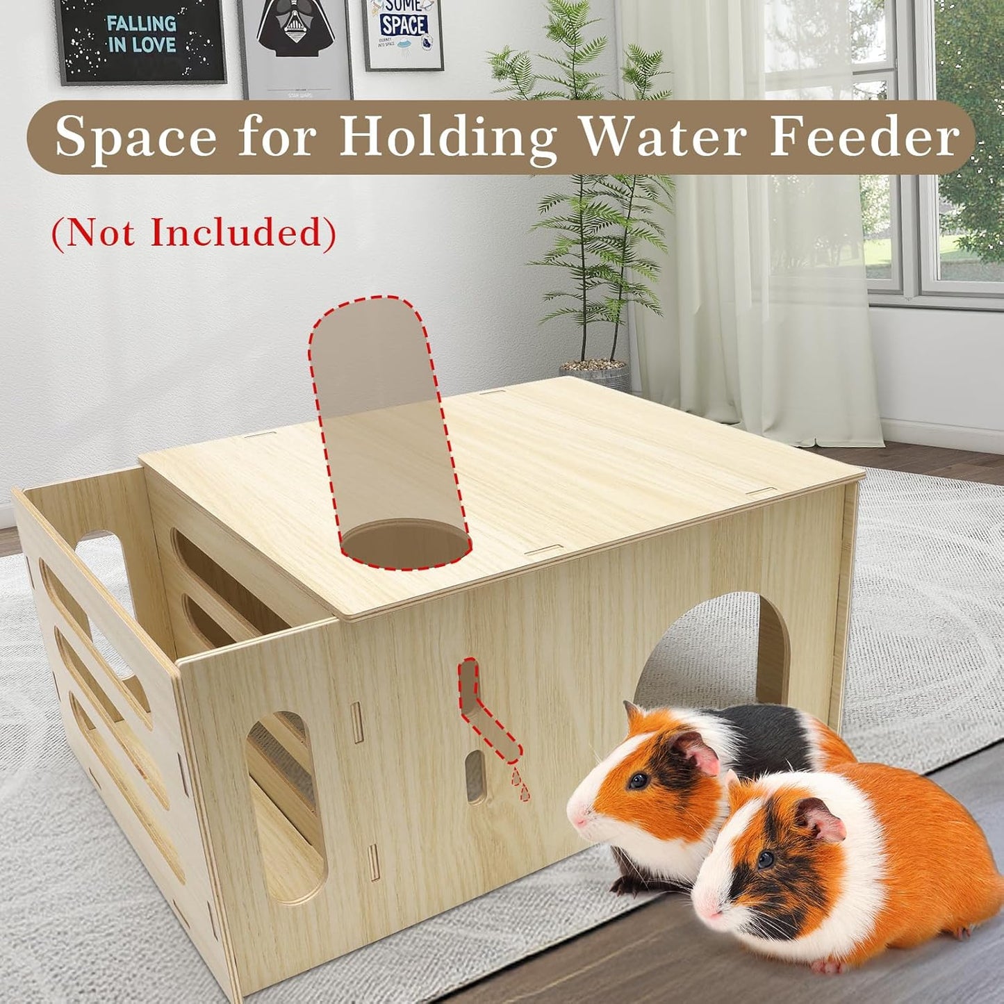 Guinea Pig Hideout Castle with Hay Feeder, Wooden Chinchilla House and Hay Rack, Small Animals Habitats Hut Accessories for Bunny, Rabbit, Hedgehog Playing Hiding, Easy Assembly