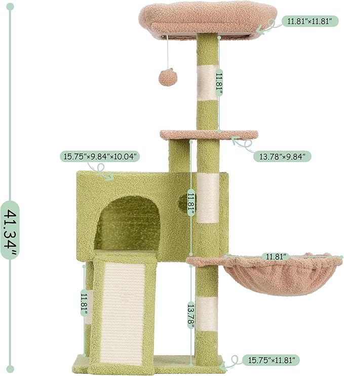 Cat Tree, 41.3" Cat Tower for Indoor Kittens with Scratching Board and Posts, Multi-Level Cozy Cat Condo with 2 Perches, Hammock, Balls, Green and Yellow GCT005SGY