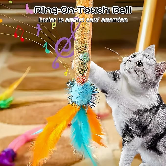 Cat Toy Set - 4 Styles Interactive Cat Feather Toy with Catnip & Dental Mesh & Bells, 2 Style Sparkle Balls & Matatabi Silvervine Sticks for Teeth Cleaning, Ideal for Cat Birthday Gifts
