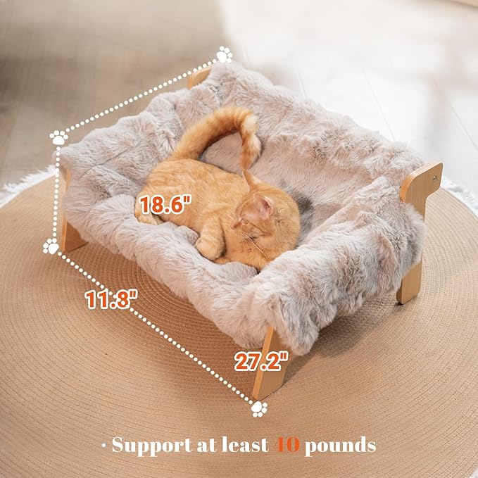 Elevated Cat Couch Bed for Indoor Cats, Wooden Cat Sofa with Removable Washable Fluffy Cover Raised Kitty Lounge Chair Suitable for Puppy(Cat Sofa Khaki)