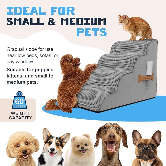 PAWZY Foam Pet Stairs for Bed, Couch or Window PREFIXED Cover - Wide Steps for Bed, Waterproof, Non-Slip Base - 4 Tier Ramp 20'' Height - Dog Stairs for Small Dogs, Puppies, Cats - (Gray, 4 Step, 1)
