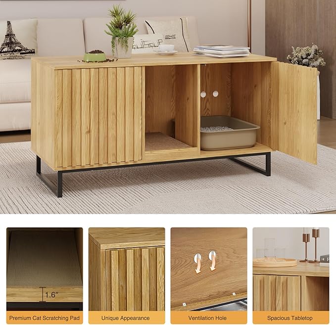 Cat Litter Box Enclosure for 2 Cats, 47.6’’ Litter Box Furniture Hidden with Scratch Pad, Double Room Large Cat Cabinet, Indoor Pet House TV Stand Side Table,Cats Washroom, Natural