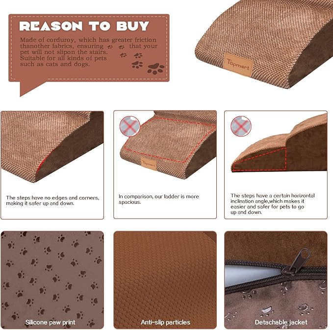 Topmart High Density Extended Foam Dog Ramp&Steps 3 Tiers,15.7" High,Non-Slip Dog Stairs with Waterproof Cover,Soft Foam Pet Ladder,Best for Injured,Older Cats,Pets with Joint Pain