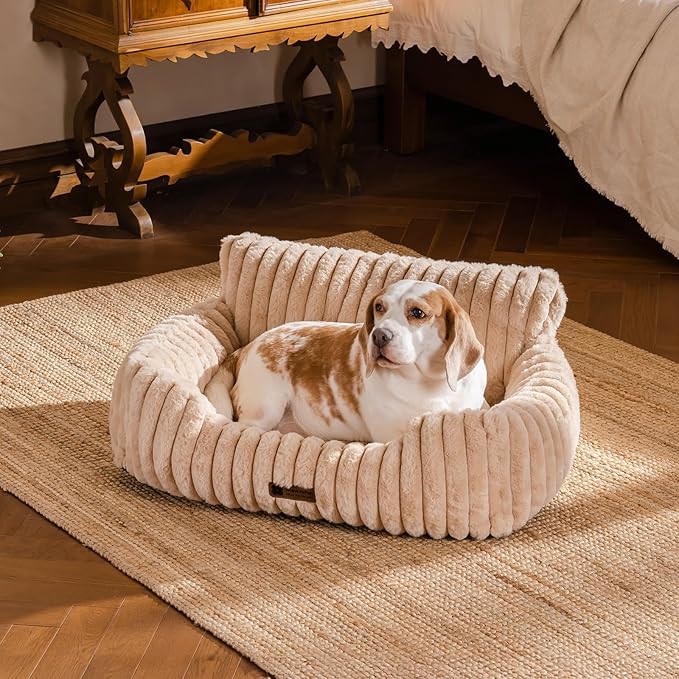 MEWOOFUN Dog Couch Bed, Fluffy Small Dog Bed with Removable Washable Cover, Supportive Cat Couch for Cats & Dogs up to 25 lbs (Camel, 30x21x12)