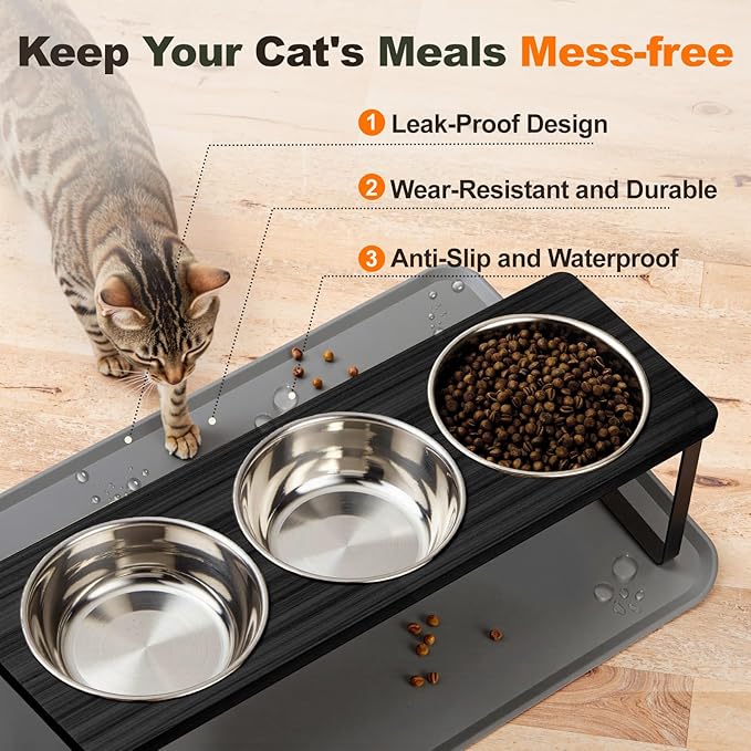 Elevated Cat Food Bowls with Mat Whisker Friendly, 15°Tilted Raised 3 Stainless Steel Cat Water Dishes Set for Anti Vomit, Black Pet Holder Stand Feeding Station for Indoor Kitten and Puppy