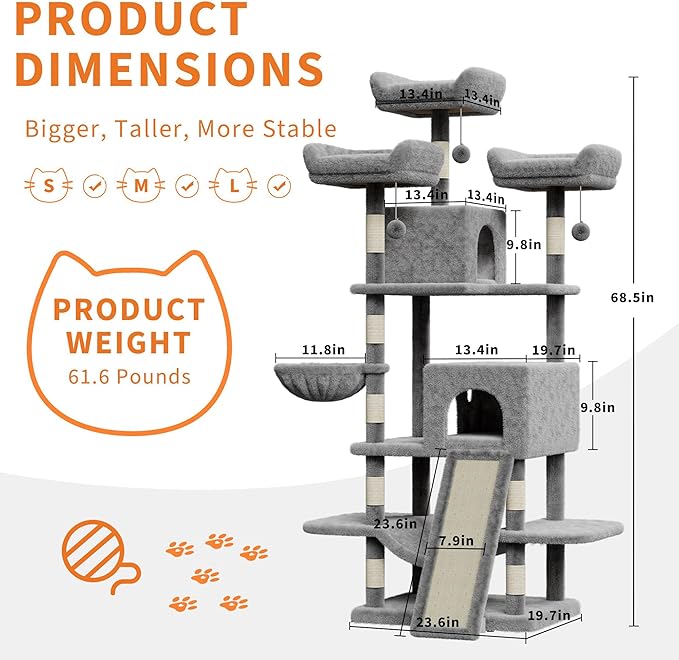 68.5 Inch Multi-Level Cat Tree, Plush Cat Tower with Condo/Sisal Scratching Posts/Hammocks/Basket/Dangling Ball/Platform, Heavy Duty Cats Tree to Play and Sleep, 2605#Light Grey