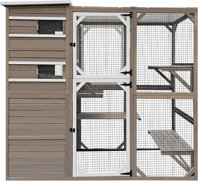 Large Outdoor Catio Enclosures - Wooden Cat House Weatherproof with Multi Platforms & Weather Resistant Roof, Indoor Interoperability - 71" H 77" L