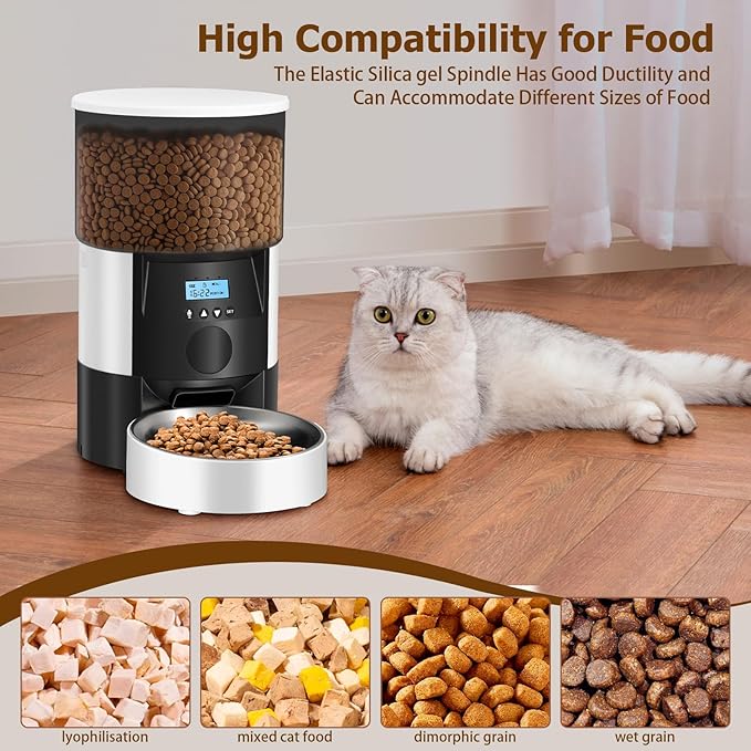 Automatic Cat Feeder, 3L Timed Dog Food Dispenser, Auto Dry Food Feeders for Pets, Programmable Portion Control, 4 Meals/Day, Dual Power Supply, 10s Voice Recorder (White and Black - Basic)