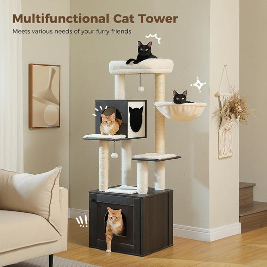 PEQULTI 57.5" Cat Tree with Litter Box Enclosure Large, Wood Cat Tower for Indoor Cats with Storage Cabinet and Cozy Cat Condo, Sisal Covered Scratching Post and Repalcable Dangling Balls, Black