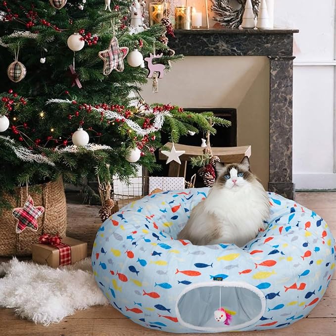 Ownpets Large Cat Tunnel Bed for for All Seasons, S-Shaped Soft Cat Donut Tunnel with Washable Cushion, Round Pet Pet Play Tunnel Toy for Kitten, Puppy, Rabbit, Blue