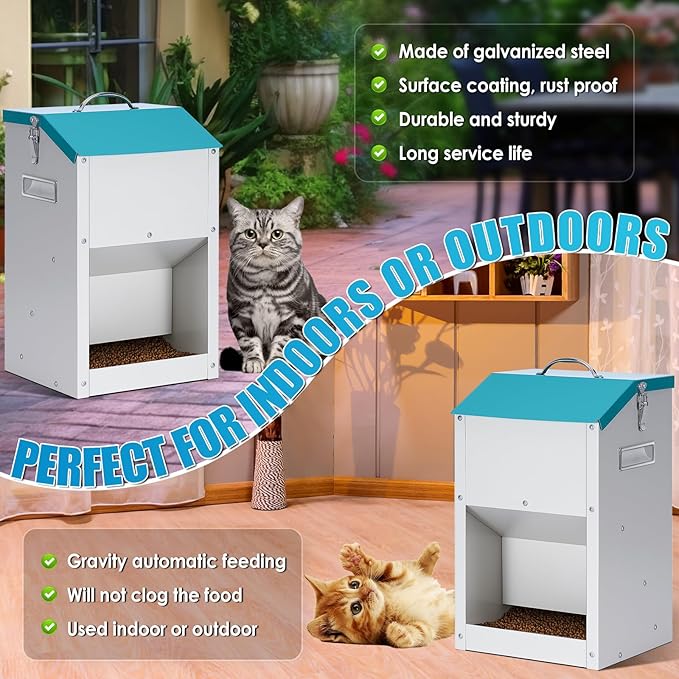 Automatic Cat Feeder Outdoor 59cups/14L Automatic Dog Feeder Cat Food Dispenser with Storage Gravity Pet Feeding Station Galvanized