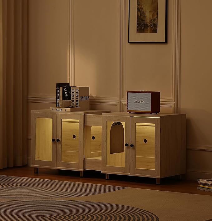 Double Cat Litter Box Enclosure for 2 Cats,Modern Double Litter Box Furniture with 7 Colors LED and Built-in Power Outlet,Large Cozy Cat Home,4 Glass Doors for Better Viewing, (White)