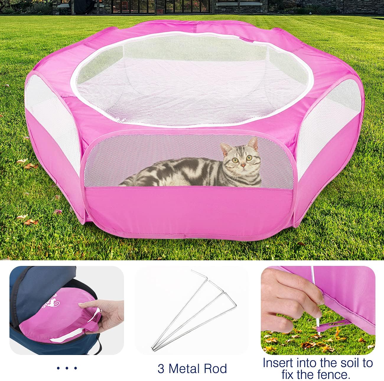 Pawaboo Small Animals Playpen, Waterproof Small Pet Cage Tent with Zippered Cover, Portable Outdoor Yard Fence with 3 Metal Rod for Chick/Kitten/Puppy/Guinea Pig/Rabbits/Hamster/Chinchillas,Magenta