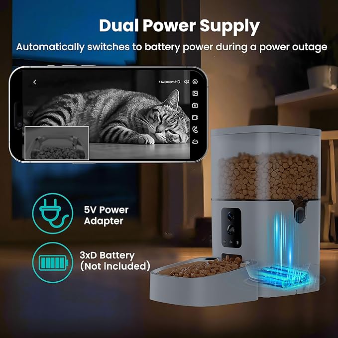 Automatic Cat Feeder with Dual Camera, 5G WiFi Pet Food Dispenser with 2-Way Audio, 2K HD Video with Night Vision, Easy APP Operation, AI Pet Motion Capturing, for Cat Dog Small Pet