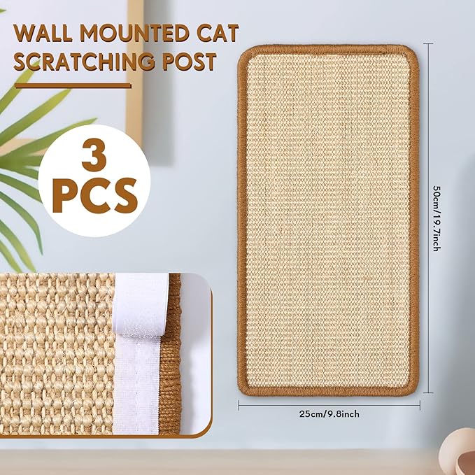 Mixweer 3 Pcs Wall Cat Scratcher Mat 19.7 x 9.8 Wall Mounted Scratching Pad for Indoor Cats Couch Carpet Furniture Protector, with Hook Loop Strips