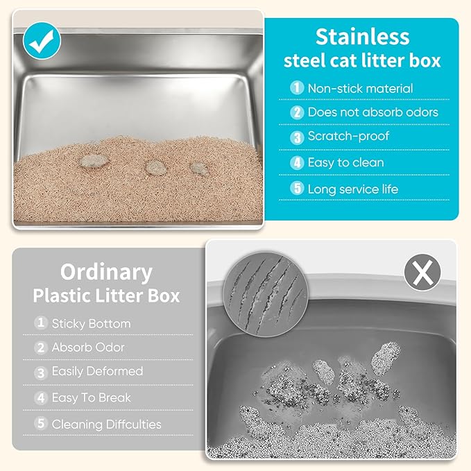 2PACK Stainless Steel Litter Boxes with Lid High Sides for Big Cats, 23.5"L x 15.5"W x11.8"H, Fashion Extra Large Metal Kitty Litter Boxs with Two Scoops, Leak-Proof,Odorless,Non-Stick,Easy Cleaning