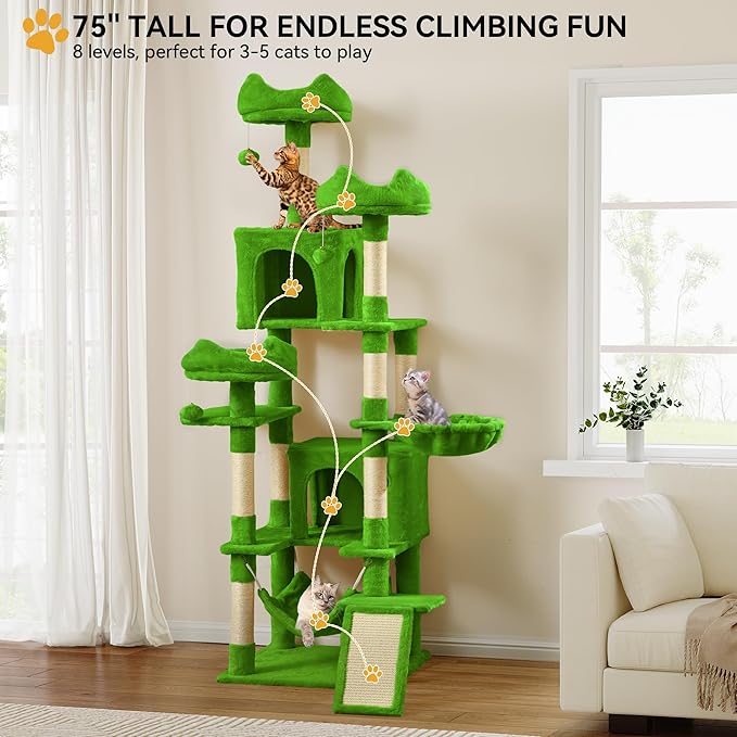 YITAHOME 75-Inch Tall Cat Tree Indoor: Multi-Level Kitten Tower with Kitty Condos, Top Perches, Sisal Ramp, Scratching Posts & Cozy Basket Hammocks Pet Play House Green