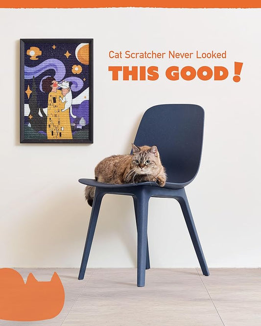 Decorative Wall Art Sisal Cat Scratcher with Vertical Mounted Setup, 14x20 Large & Durable Scratch Pad Ideal for Adult Cats with Gallery-Style Frame That Looks Like a Painting (Not The Kiss)