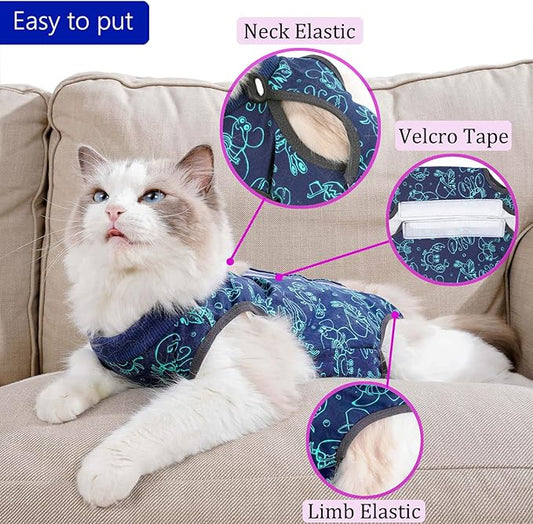 Cat Surgery Recovery Suit Cat Onesie for Cats After Surgery for Surgical Abdominal Wound Or Skin Diseases E-Collar Alternative Wear Neutering Bodysuit Wear (Dark-Blue-L)