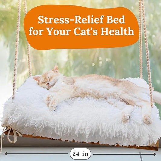 Cat Window Perch for Large Cats - Hammock Bed for Heavy Indoor Cats - Solid Wood Seat, 5 Strong Suction Cups, Soft Cushion - Rustic Shelf for Pets Inside