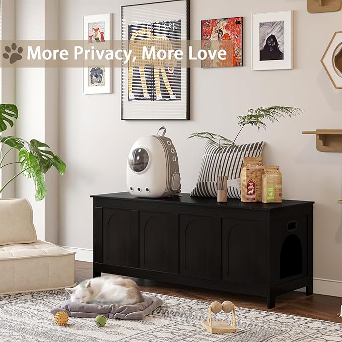 DINZI LVJ Cat Litter Box Enclosure, Flip Top Litter Box Furniture, Hidden Cat Washroom, 2-Entrances Wooden Pet House, 47.2" L x 18.7" W x 19.7" H, End Side Table, TV Stand, Easy to Assemble, Espresso