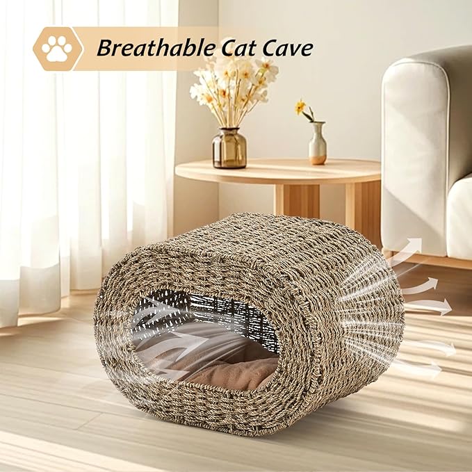 Cat House,Handwoven Cat Cave Pet Cube, Natural Cat Beds Indoor Kitten House with Double-Sided Soft Cushions, Pet Cat House for Multiple Cats, for Living Room Bedroom