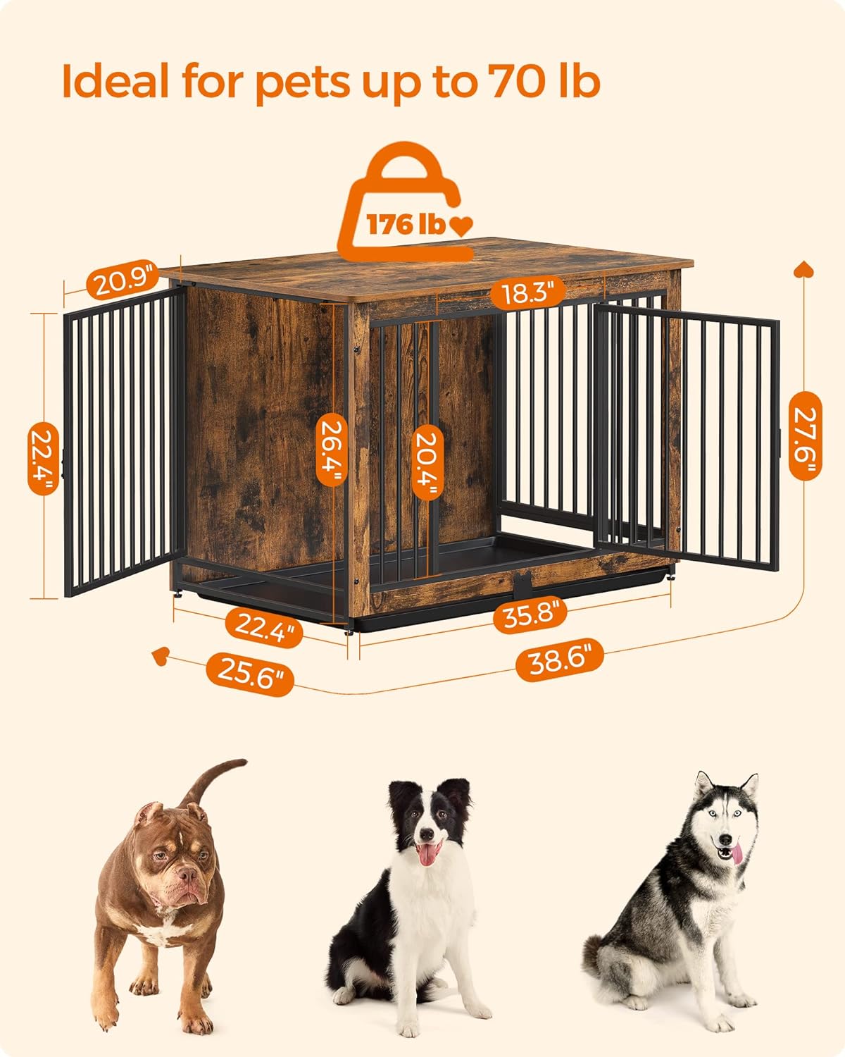 Feandrea Dog Crate Furniture, 38 Inches Dog Kennel for Dogs up to 70 lb, with Removable Tray, Heavy-Duty Dog Cage End Table, Double Doors Dog House, Rustic Brown UPFC013X01