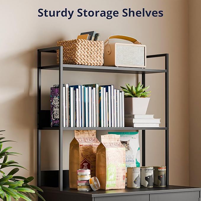 Cozy Castle Litter Box Enclosure, 57'' Cat Litter Box Furniture with Large Cabinet, Shelves, Hidden Cat House for Most of Litter Boxes, Wooden Pet Washroom Indoor, Black, No-Hook