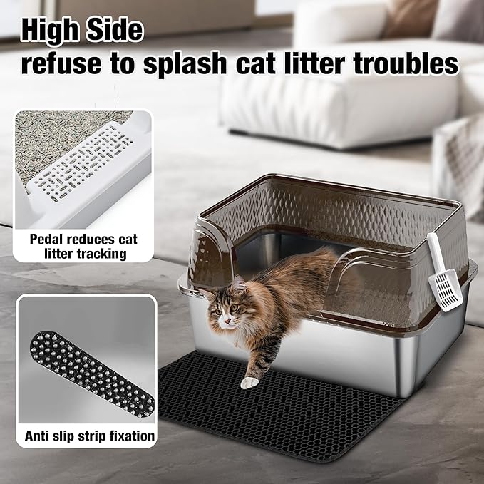 Suhaco Extra Large Stainless Steel Litter Box with Lid XXL High Sided Cat Litter Boxes Included Litter Mat & Litter Scoop Anti-Urine Leakage Metal Pet Toilet for Big Cats (Black XXL)