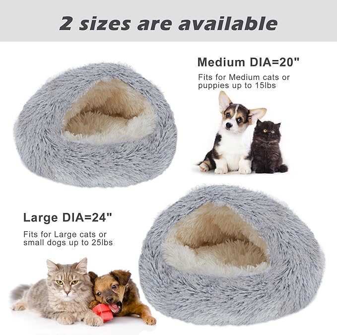 Deblue Soft Cat Cave Beds for Indoor Cats, Round Warm Cat Beds with Hooded Cover, Waterproof Bottom Long Plush Covered Sleeping Cozy Pet Bed for Puppies and Cats (Large)