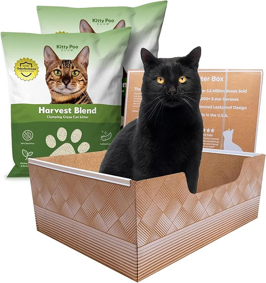 Kitty Poo Club Leakproof Disposable 2-Pack Cat Litter Box with 2 Bags Grass Litter | Superior Odor Control & Recyclable Design | Perfect for Travel, Multi-Cat Homes & Daily Use