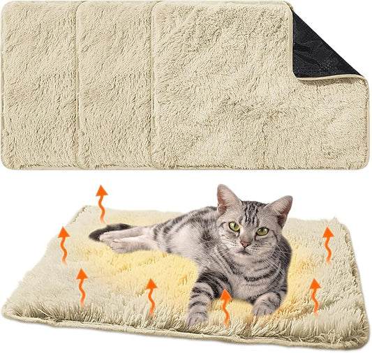 4 Pack Self Warming Cat Bed Pad Self Heating Dog Mat with Fluffy Faux Fur Plush Cat Calming Bed Thermal Mat Washable Pet Pad Anti Slip Bottom for Outdoor Indoor Pets(Camel,16" X 20")