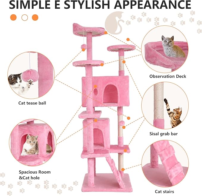 BestPet 70in Cat Tree Tower for Indoor Cats,Multi-Level Cat Furniture Activity Center with Cat Scratching Posts Stand House Cat Condo with Funny Toys for Kittens Pet Play House,Pink