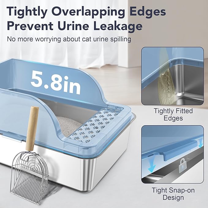 UPSKY Stainless Steel Cat Litter Box with Lid, XL Large Metal Litter Box for Large Breeds, Enclosed Kitty Litter Pan with High Sides, Leak-Proof & Non-Stick, Easy to Clean, Scoop and Mat Included
