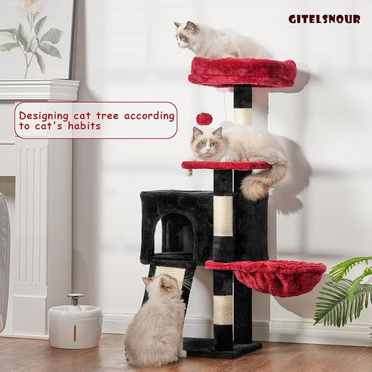 Cat Tree, 41.3" Cat Tower for Indoor Kittens with Scratching Board and Posts, Multi-Level Cozy Cat Condo with 2 Perches, Hammock, Balls, Black and Red GCT005SBR