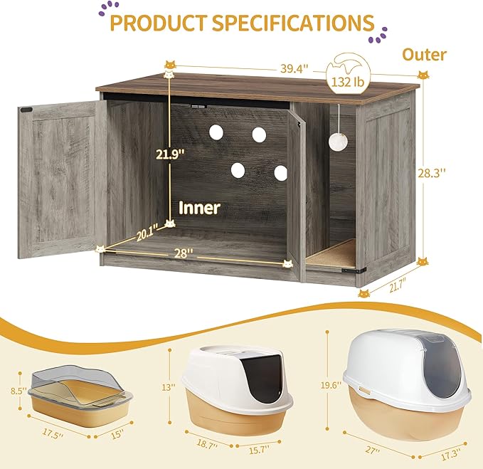 Cat Litter Box Enclosure, Hidden Litter Box Cabinet Furniture with Bell, Indoor Cat House, Farmhouse Style, 39.4 x 21.7X 24.8 Inches, for Hallway, Bedroom, Greige CB85205X