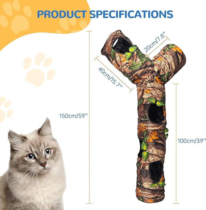 Cat Tunnel,59" Large Y-Shape Cat Cave with 3 Rustle Channels & Leaves, Portable Cat Bed Toy for Indoor Kittens & Small Pets to Chase and Play, Easy Storage (Brown)