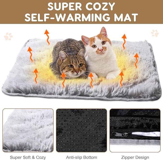 4 Pack Self Warming Cat Bed Pad Self Heating Dog Mat with Fluffy Faux Fur Plush Cat Calming Bed Thermal Mat Washable Pet Pad Anti Slip Bottom for Outdoor Indoor Pets(Grey,19" X 29")