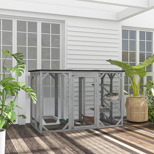 PawHut Outdoor Cat House - Wooden Feral Cat Shelter with Platforms, Large Entrance, Weather Protection Asphalt Roof, 71" L, Gray