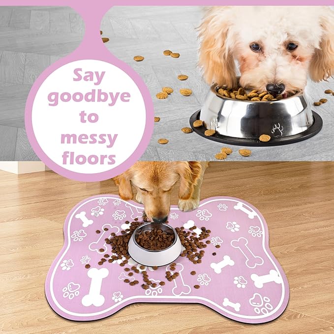 Dog Cat Mat for Food and Water,Rapid Absorbent Pet Feeding Mat, Bone Shaped Dog Placemat Bowl Mat with Rubber Backing,No Stains Pet Food Mats Indoor, Pet Accessories Supplies,Pink 12"×18"