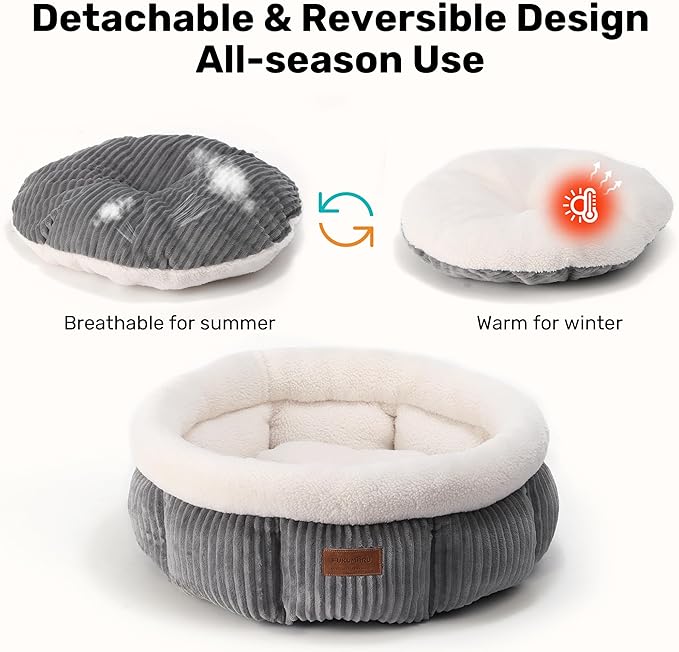 FUKUMARU Cat Bed, Washable Round Cat Beds for Indoor Cats, Soft Fluffy Corduroy Pet Bed for Cats and Puppy, Cute Small Dog Beds, Grey