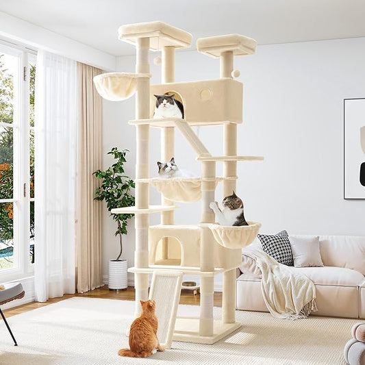 Allewie 81 Inches Tall Cat Tree/Multi-Level Large Climbing Tree House and Towers for Big Feline/Condo and Hammock/Scratching Post/Wide Base/Beige