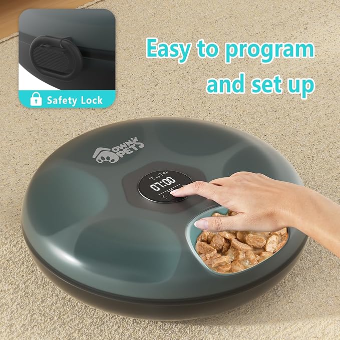 Ownpets Automatic Cat Feeder for Wet and Dry Food, with 2 Ice Packs, 6 Meals Programmable Timed Pet Feeder, Cordless Rechargeable Auto Feeder for Cats/Small Dogs, Black