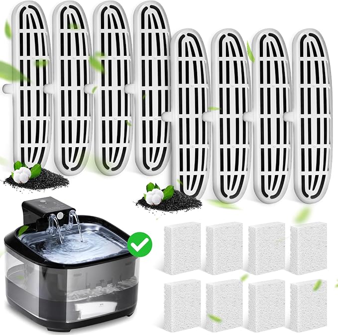 FT999 Cat Water Fountain Filter, 16 Packs Replacement Filters for Wireless Cat Water Fountain Stainless Steel (8 Filters+8 Sponges)