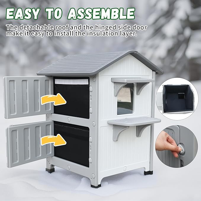 Plastic Outdoor Indoor Cat House with Insulated Liner, 100% Insulated Outdoor Cat Houses for Winter, Waterproof Feral Cat Shelter, Assemble Easily-White