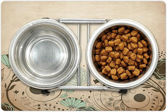 Lunarable Abstract Pet Mat for Food and Water, Old Dated Vintage Retro Antique Image with Floral Swirls Art Print, Non-Slip Rubber Mat for Dogs and Cats, 18" X 12", Brown Turquoise