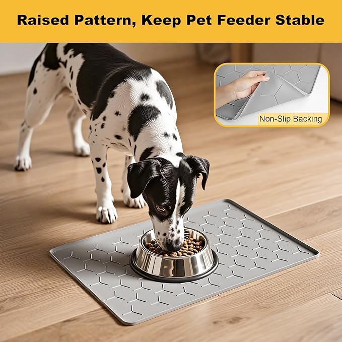 Pieviev Dog Cat Food Bowl Mat, Silicone Waterproof Food Grade Pet Food Mat for Floor, High Raised Edge to Prevent Spills, Non-Slip & Easy Clean Pet Placemat for Dog & Cat Bowls, 24''x16'', Light Gray