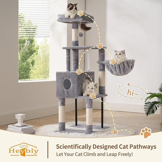 Heybly Cat Tree, 49.2 Inches Cat Tower for Indoor Cats, Spacious Cat House Condo with Hidden Space，Sturdy Steel Tube，Soft Plush Top Perch，Cozy Hammock and Sisal Scratching Posts, Light Gray HCT200SW