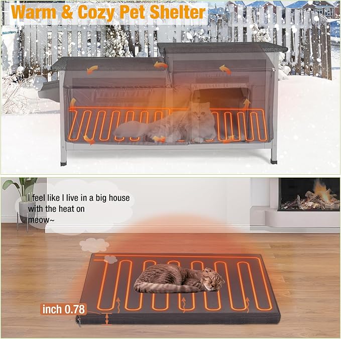 GUTINNEEN Heated Cat House with Insulated Liner Outdoor Cat House Weatherproof Cat Shelter with Heater Feral Cat House for Winter