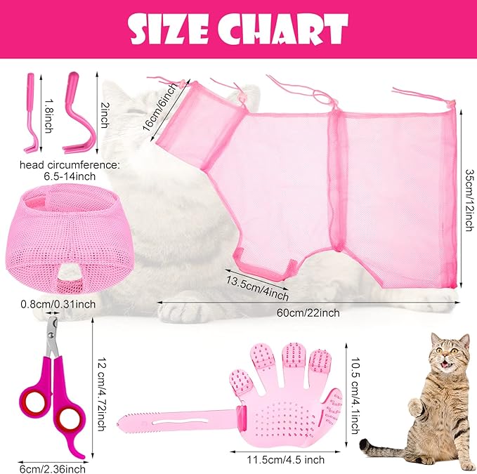 Patelai 5 Pcs Cat Bathing Bag Set Cat Grooming Bag Adjustable Pet Shower Net Muzzles Nail Clipper Tick Remover Tool Massage Brush(Pink)